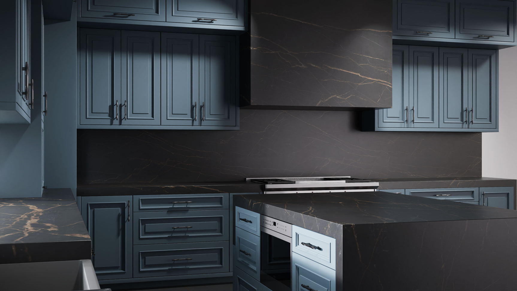 Wellington Blue Slate ( Maple | Plain Cut [ Frameless • Satin • Painted ] - 10' X 10' Kitchen Cabinet ) | Assembled In USA