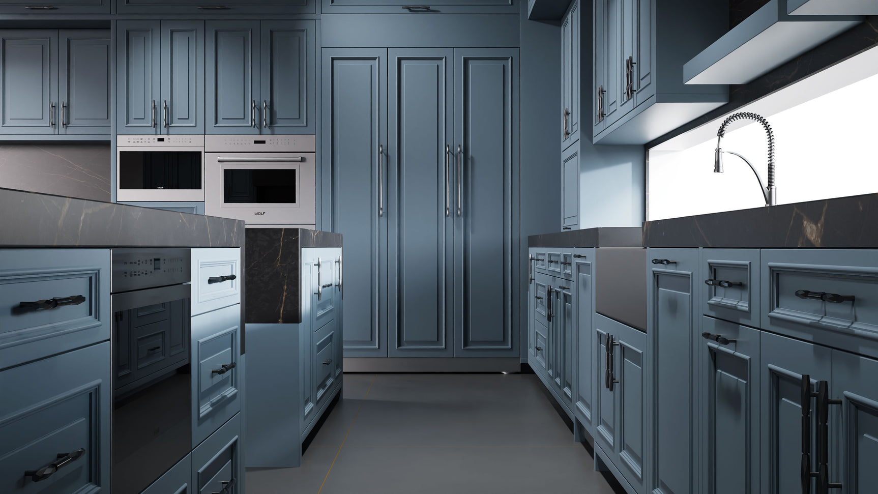 Wellington Blue Slate ( Maple | Plain Cut [ Frameless • Satin • Painted ] - 10' X 10' Kitchen Cabinet ) | Assembled In USA