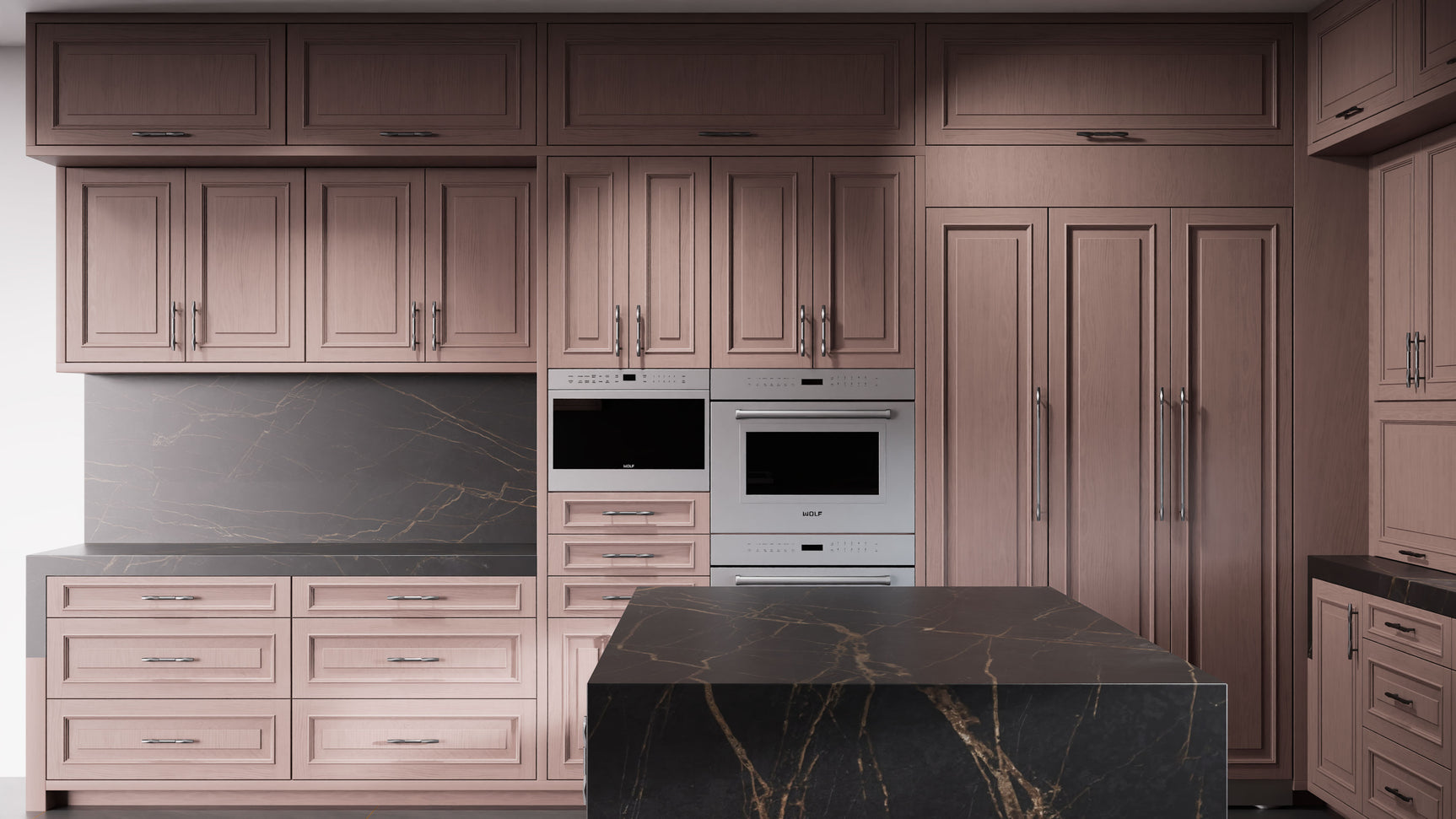 Wellington Driftwood Cherry ( Cherry | Plain Cut [ Frameless • Satin • Stained ] - 10' X 10' Kitchen Cabinet ) | Assembled In USA