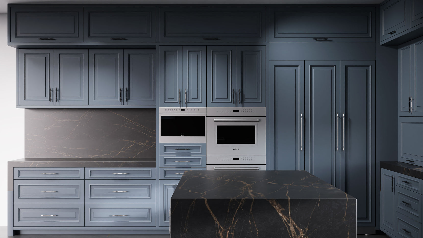 Wellington Midnight Blue ( Maple | Plain Cut [ Frameless • Satin • Painted ] - 10' X 10' Kitchen Cabinet ) | Assembled In USA