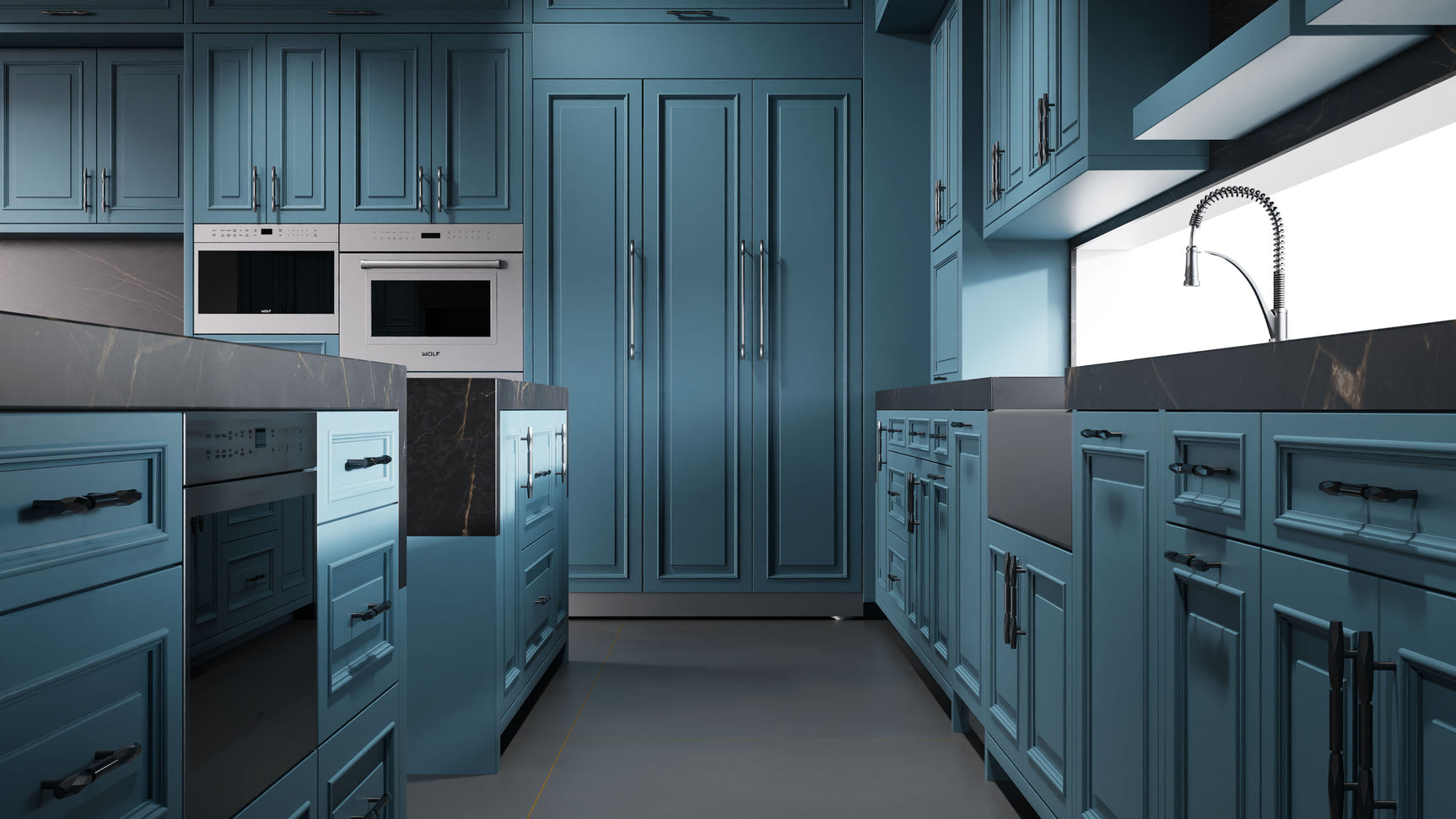 Wellington Oceana Blue ( Maple | Plain Cut [ Frameless • Satin • Painted ] - 10' X 10' Kitchen Cabinet ) | Assembled In USA