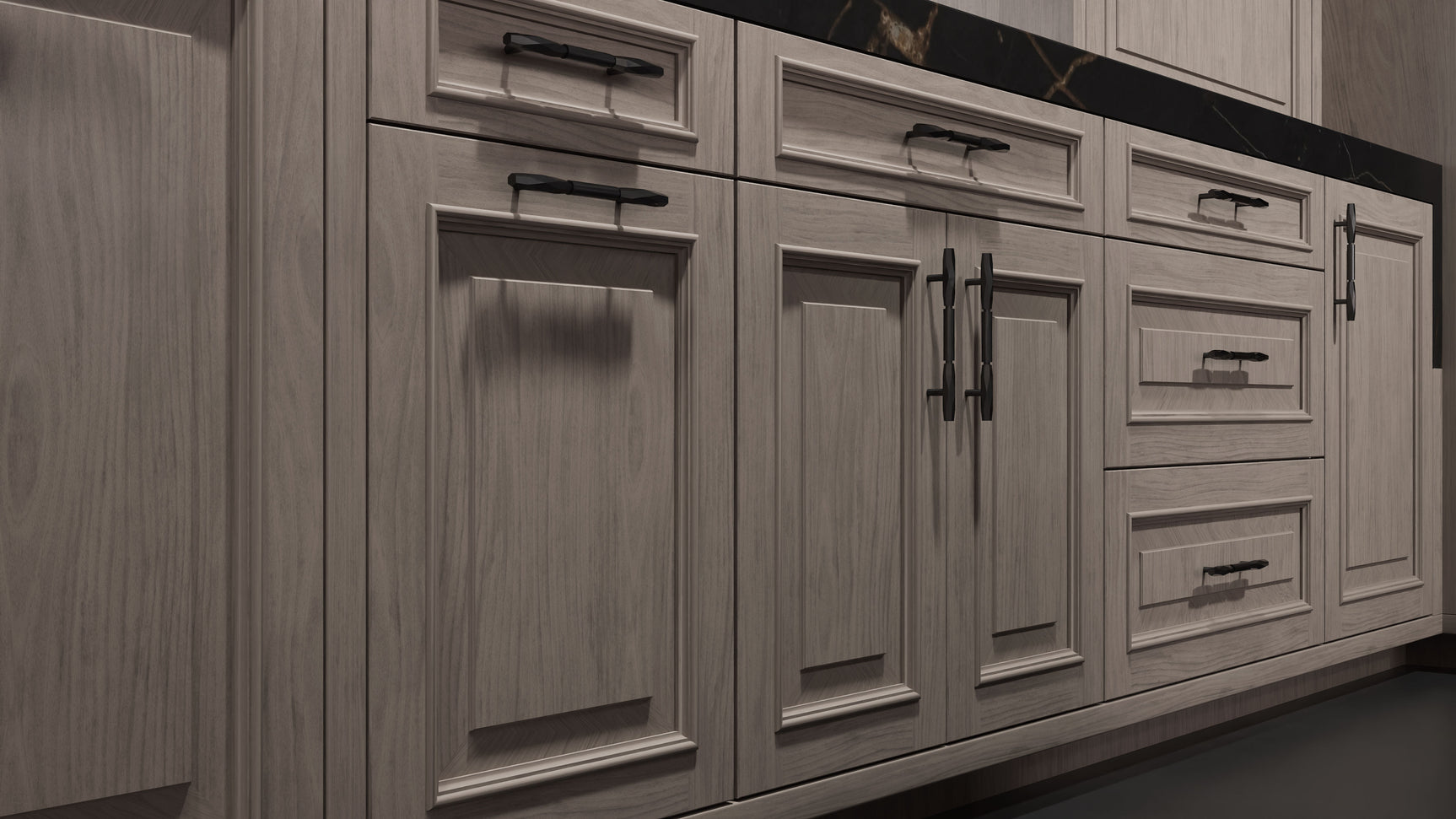 Wellington Pewter Cherry ( Cherry | Plain Cut [ Frameless • Satin • Stained ] - 10' X 10' Kitchen Cabinet ) | Assembled In USA