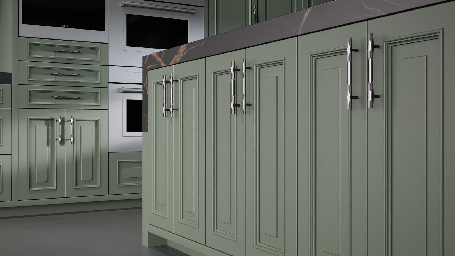 Wellington Pewter Green ( Maple | Plain Cut [ Frameless • Satin • Painted ] - 10' X 10' Kitchen Cabinet ) | Assembled In USA