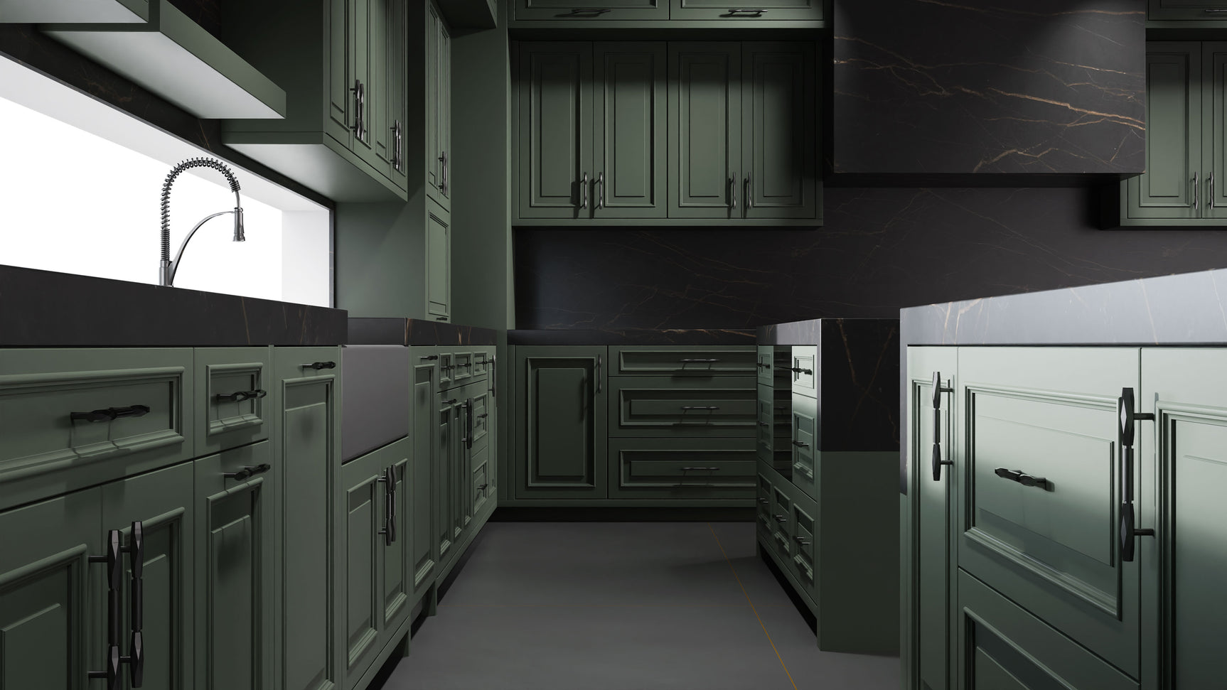 Wellington Pewter Green ( Maple | Plain Cut [ Frameless • Satin • Painted ] - 10' X 10' Kitchen Cabinet ) | Assembled In USA