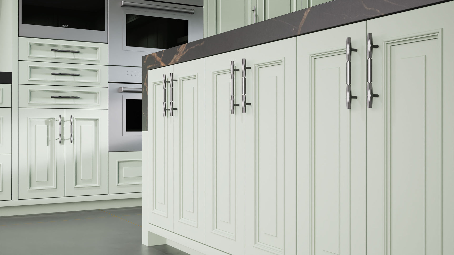 Wellington Sage Green ( Maple | Plain Cut [ Frameless • Satin • Painted ] - 10' X 10' Kitchen Cabinet ) | Assembled In USA